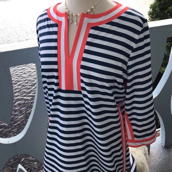 Gretchen Scott Midi Striped Dress in Coral and Navy - Picture 3 of 10
